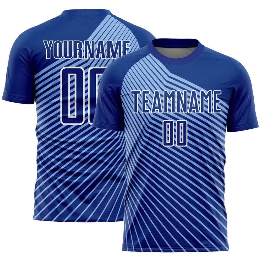 Royal Light Blue White Lines Sublimation Soccer Uniform Jersey, Custom Team Soccer Jersey Shirt