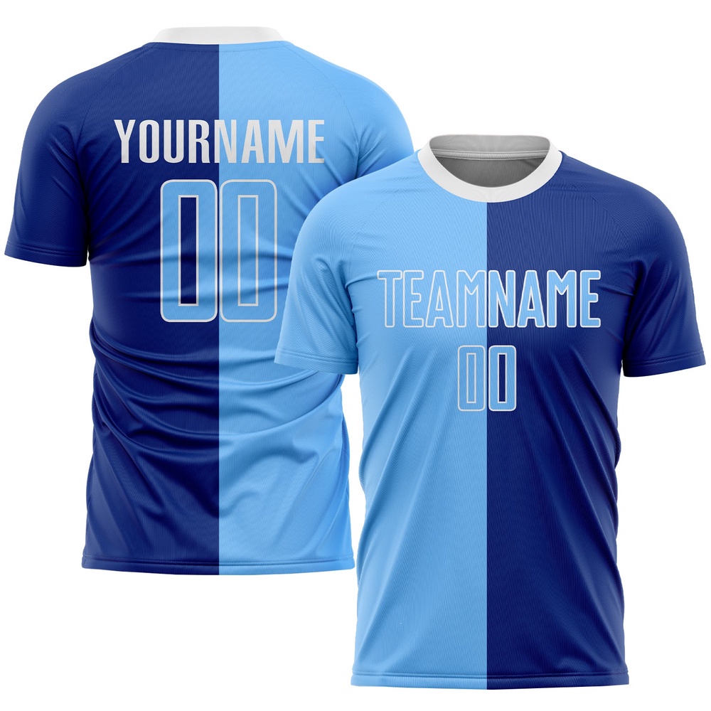 Royal Light Blue White Sublimation Split Fashion Soccer Uniform Jersey, Custom Team Soccer Jersey Shirt