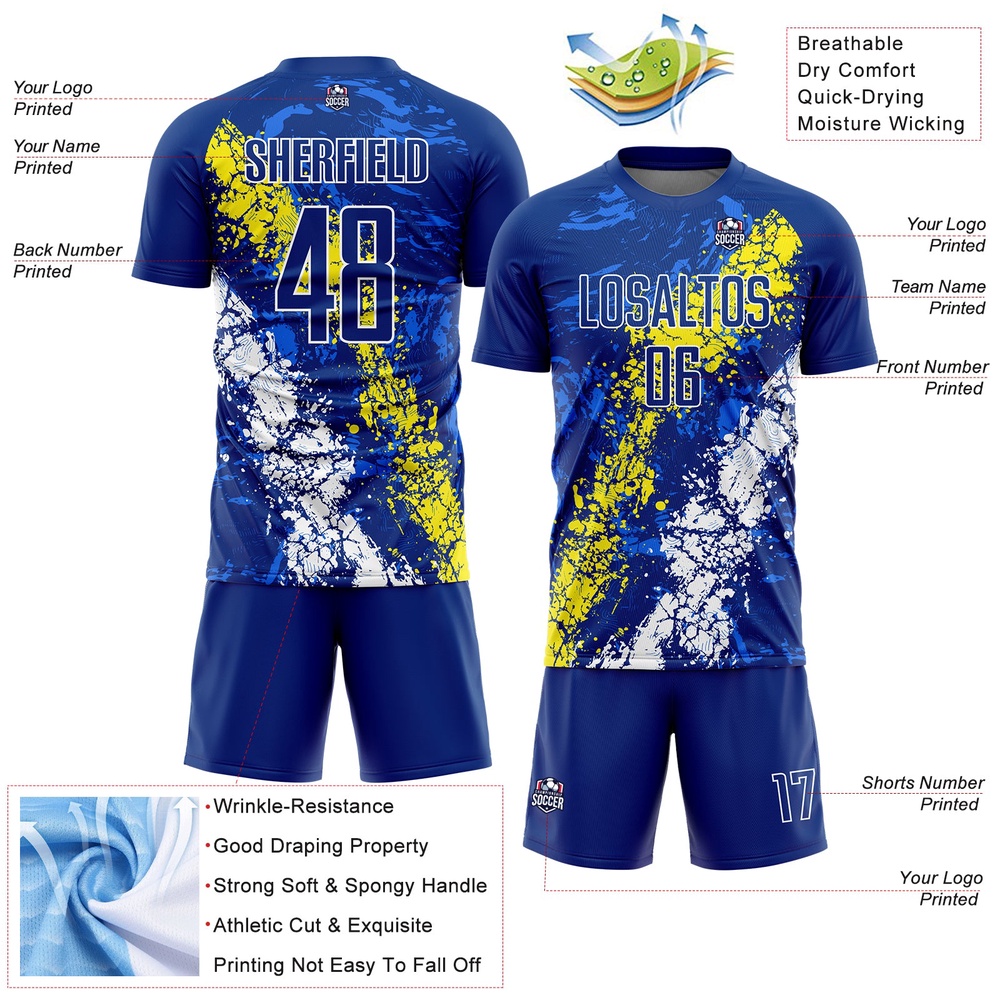 Royal Light Yellow White Dripping Splatter Art Sublimation Soccer Uniform Jersey, Custom Team Soccer Jersey Shirt