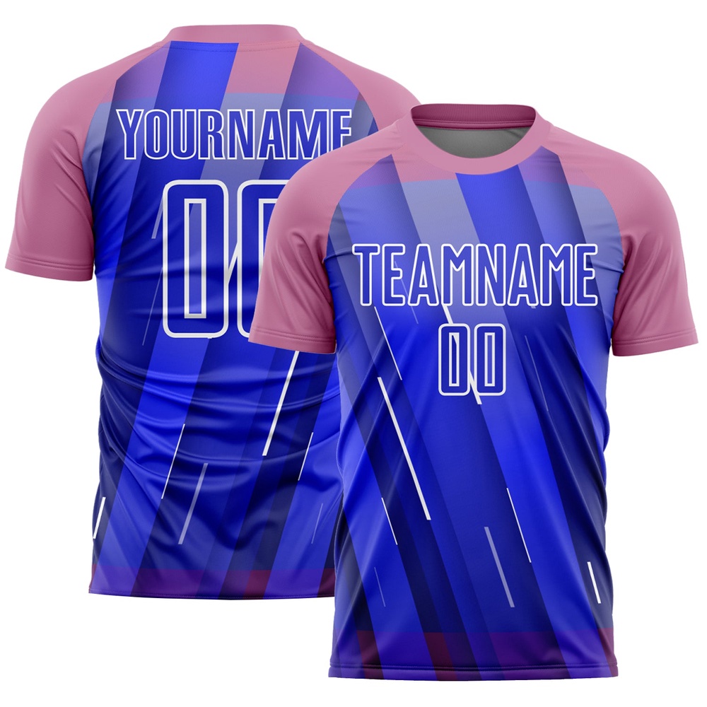 Royal Medium Pink White Lines Sublimation Soccer Uniform Jersey, Custom Team Soccer Jersey Shirt