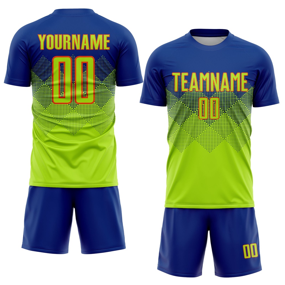 Royal Neon Green Orange Sublimation Soccer Uniform Jersey, Custom Team Soccer Jersey Shirt