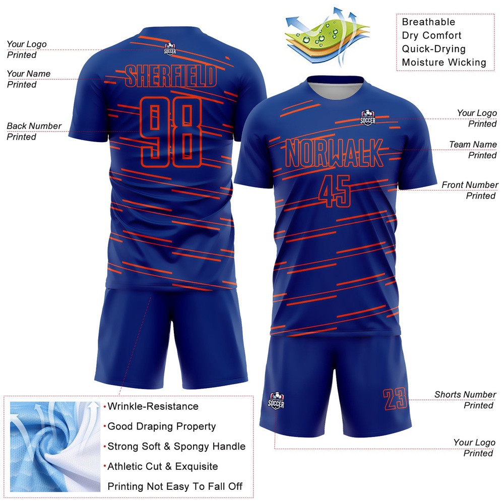 Royal Orange Lines Sublimation Soccer Uniform Jersey, Custom Team Soccer Jersey Shirt