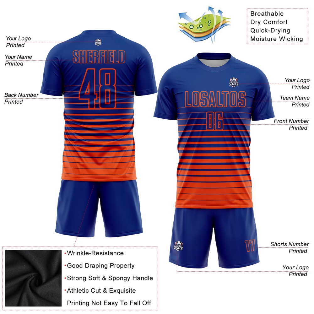 Royal Orange Pinstripe Fade Fashion Sublimation Soccer Uniform Jersey, Custom Team Soccer Jersey Shirt