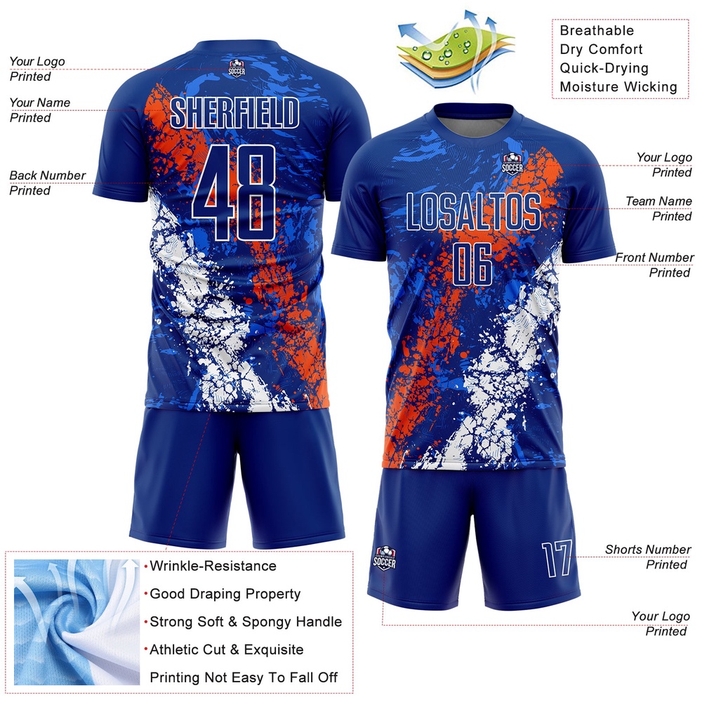 Royal Orange White Dripping Splatter Art Sublimation Soccer Uniform Jersey, Custom Team Soccer Jersey Shirt