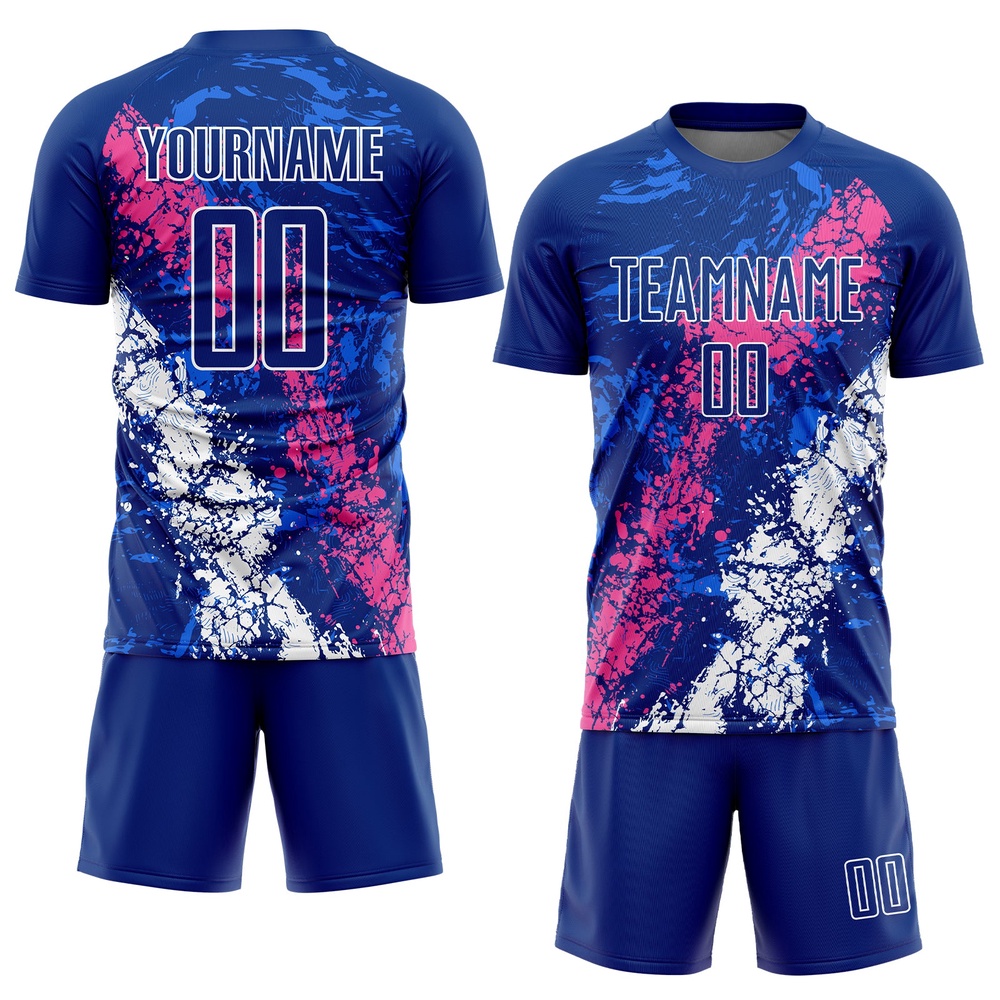 Royal Pink White Dripping Splatter Art Sublimation Soccer Uniform Jersey, Custom Team Soccer Jersey Shirt