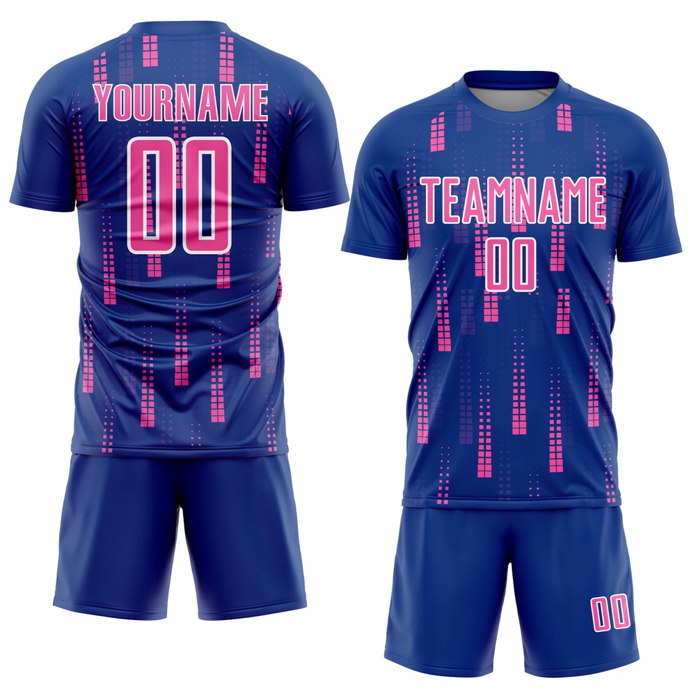 Royal Pink White Geometric Shapes Sublimation Soccer Uniform Jersey, Custom Team Soccer Jersey Shirt