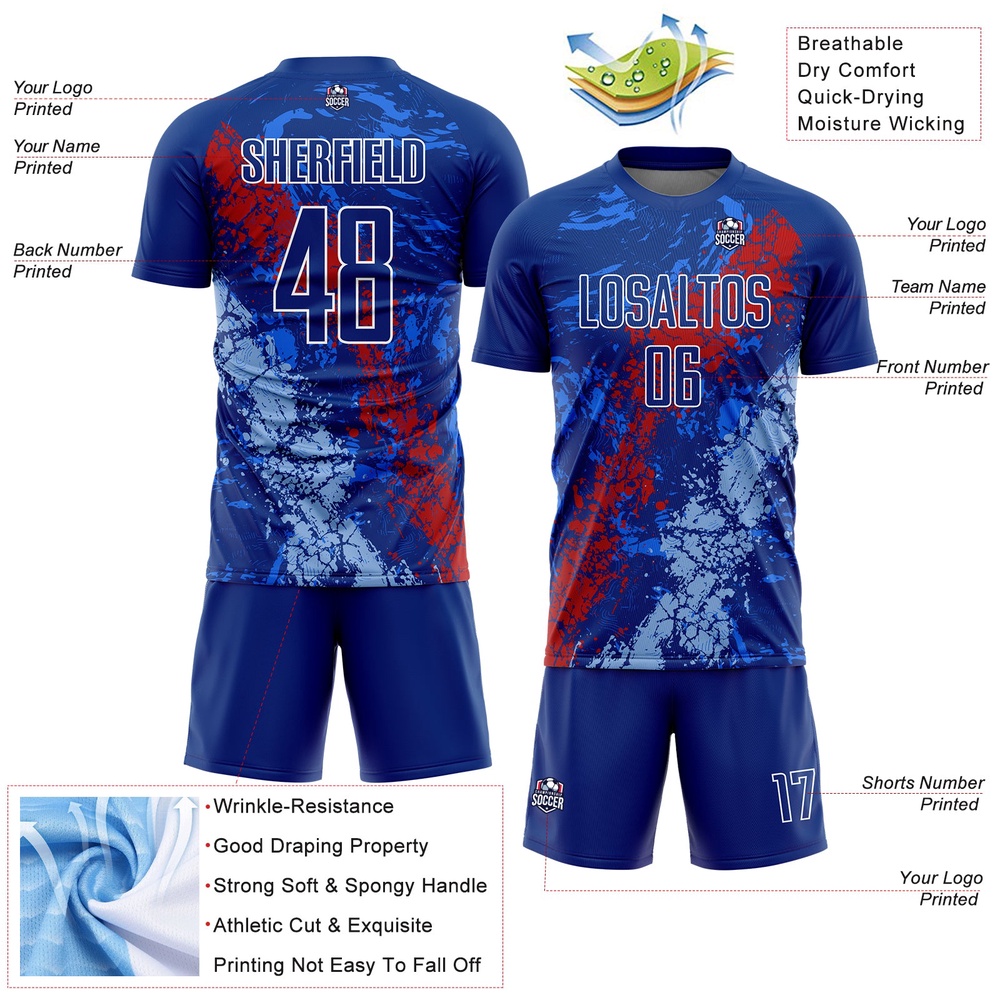 Royal Red Light Blue Dripping Splatter Art Sublimation Soccer Uniform Jersey, Custom Team Soccer Jersey Shirt