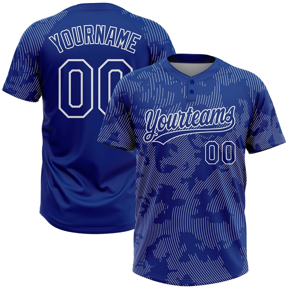Royal White 3D Pattern Curve Lines Two Button Unisex Softball Jersey, Custom Team Softball Jersey