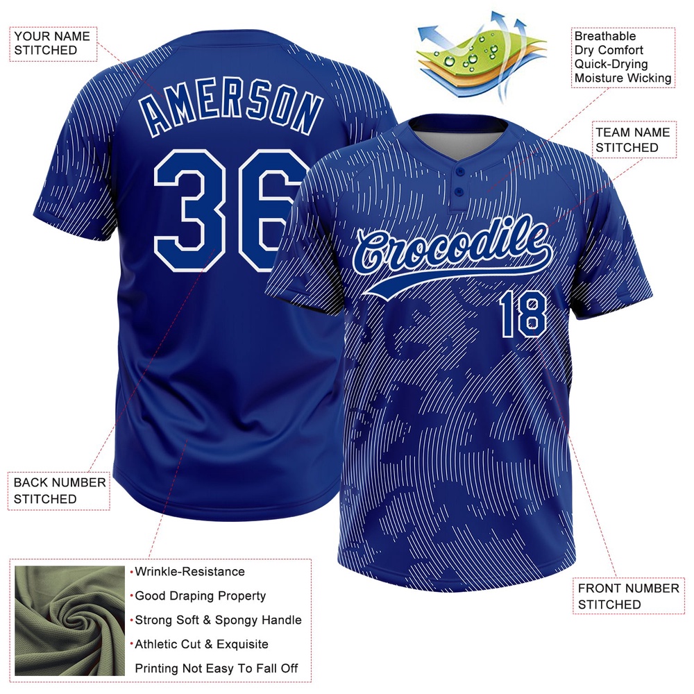 Royal White 3D Pattern Curve Lines Two Button Unisex Softball Jersey, Custom Team Softball Jersey