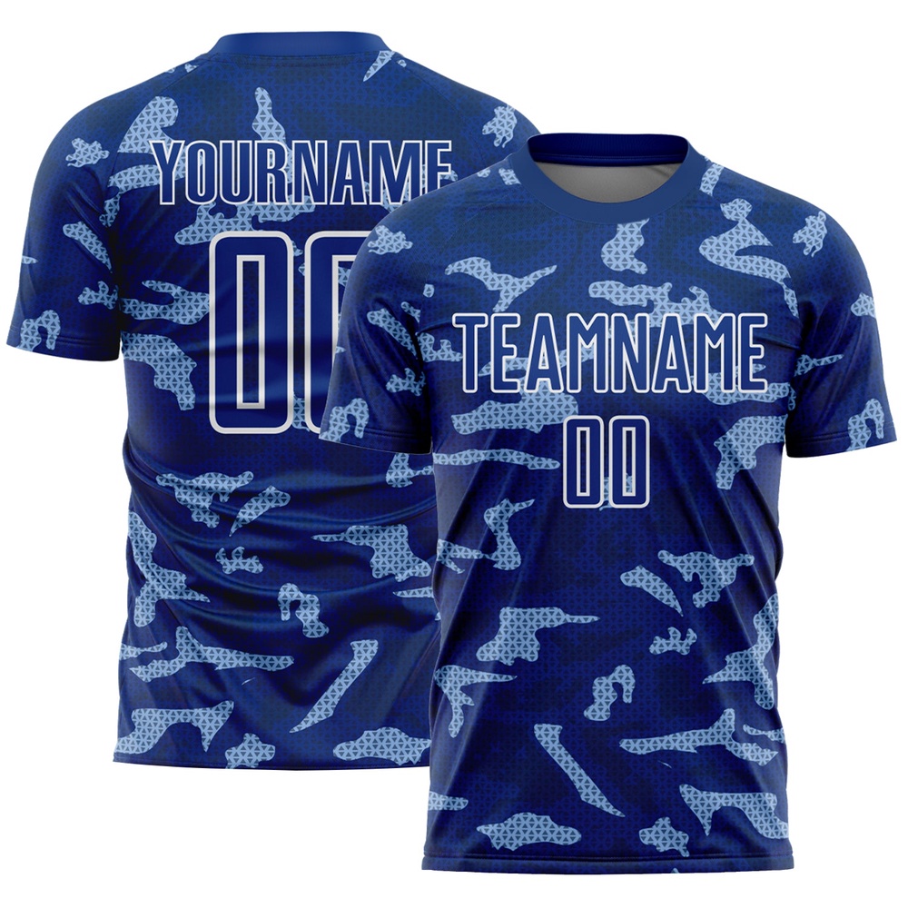 Royal White Geometric Shapes Sublimation Soccer Uniform Jersey, Custom Team Soccer Jersey Shirt