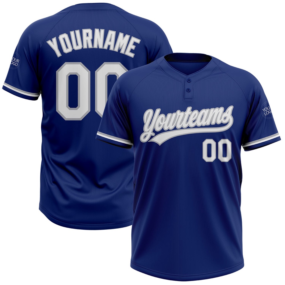 Royal White Gray Two Button Unisex Softball Jersey, Custom Team Softball Jersey