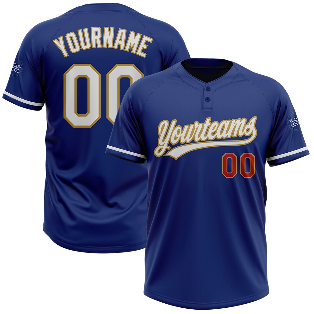 Royal White Old Gold Red Two Button Unisex Softball Jersey, Custom Team Softball Jersey