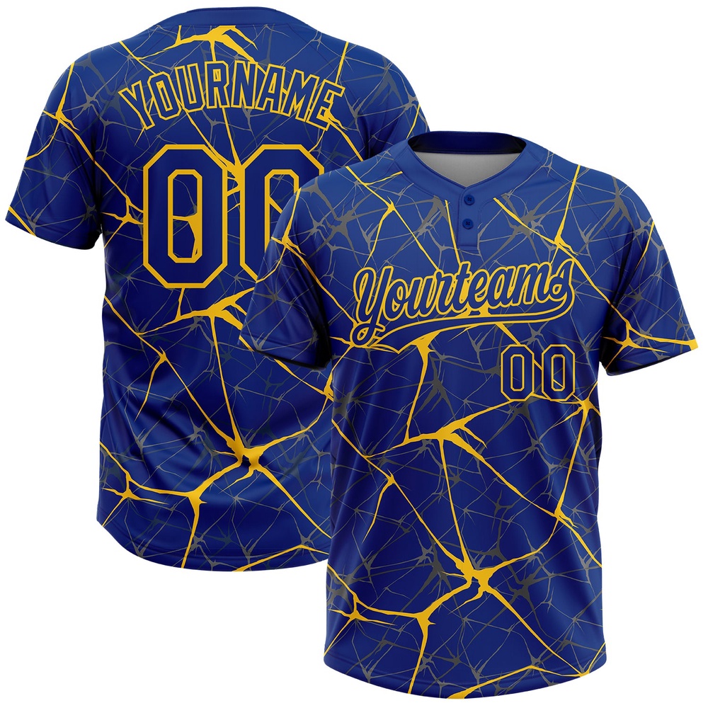 Royal Yellow 3D Pattern Abstract Network Two Button Unisex Softball Jersey, Custom Team Softball Jersey
