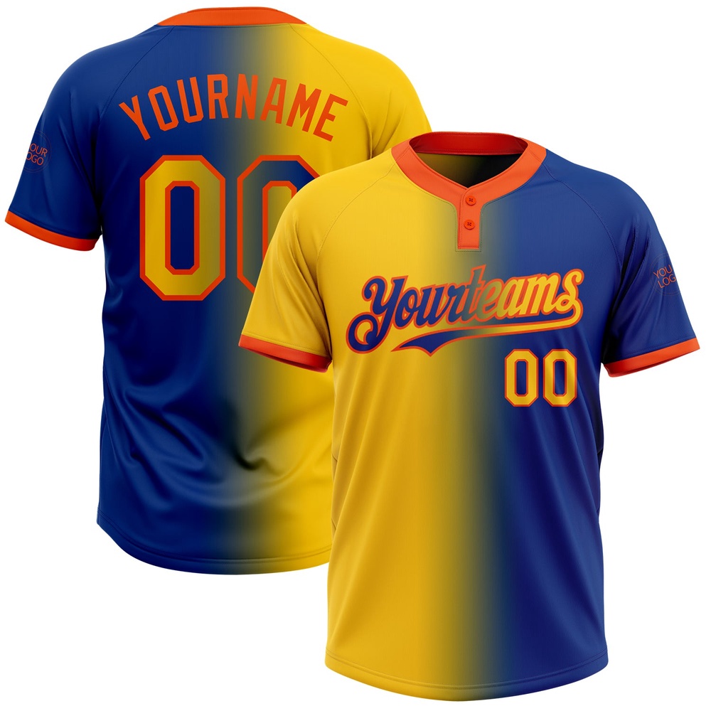 Royal Yellow Orange Gradient Fashion Two Button Unisex Softball Jersey, Custom Team Softball Jersey