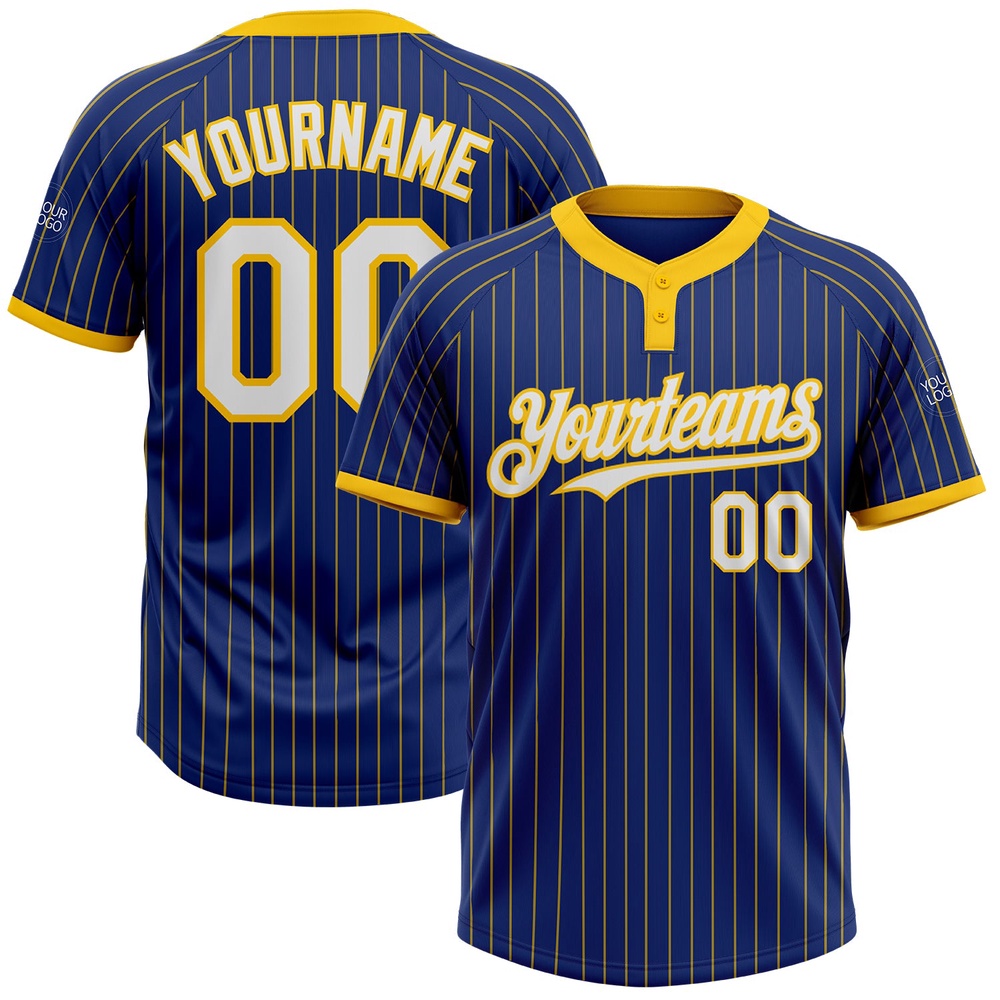 Royal Yellow Pinstripe White Two Button Unisex Softball Jersey, Custom Team Softball Jersey