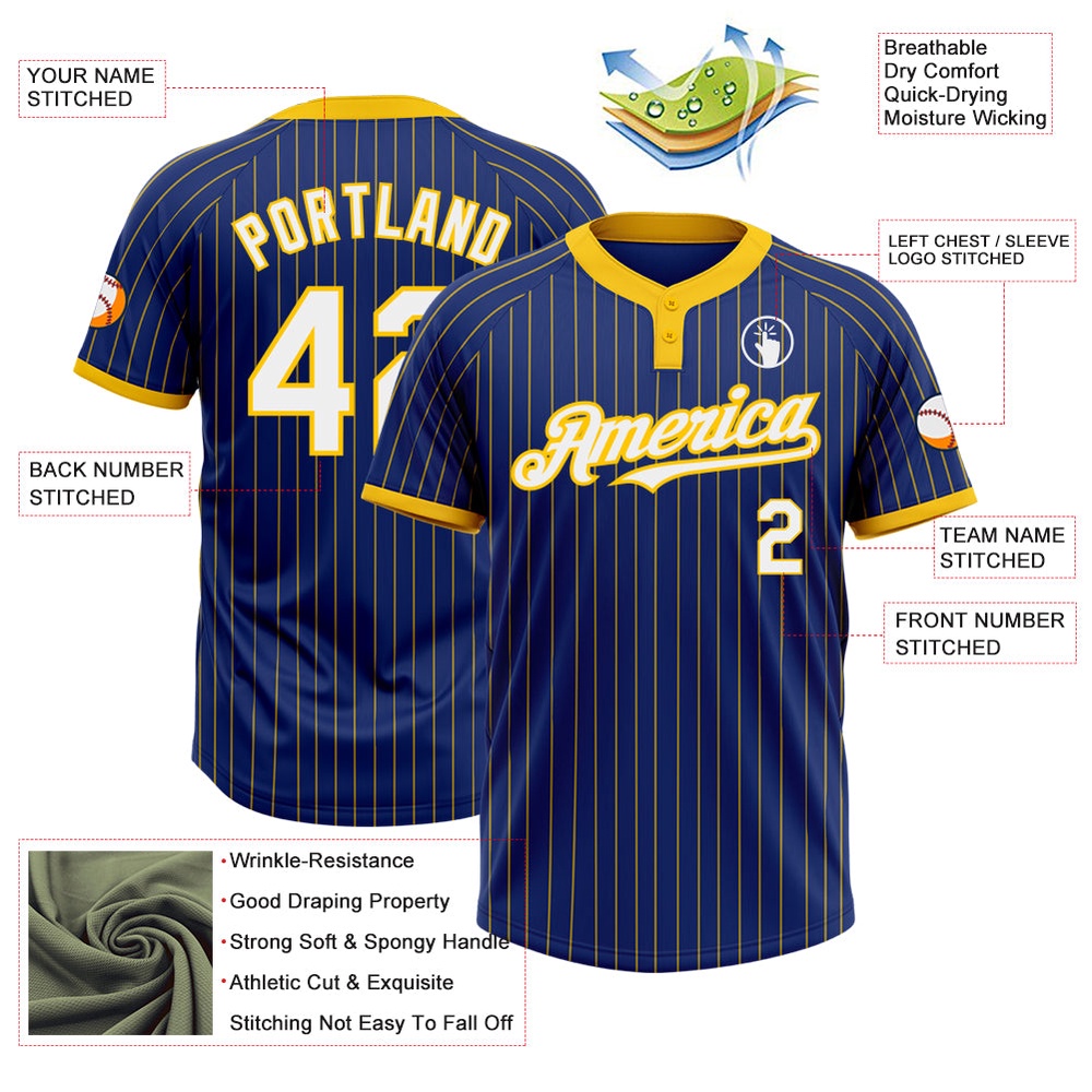 Royal Yellow Pinstripe White Two Button Unisex Softball Jersey, Custom Team Softball Jersey