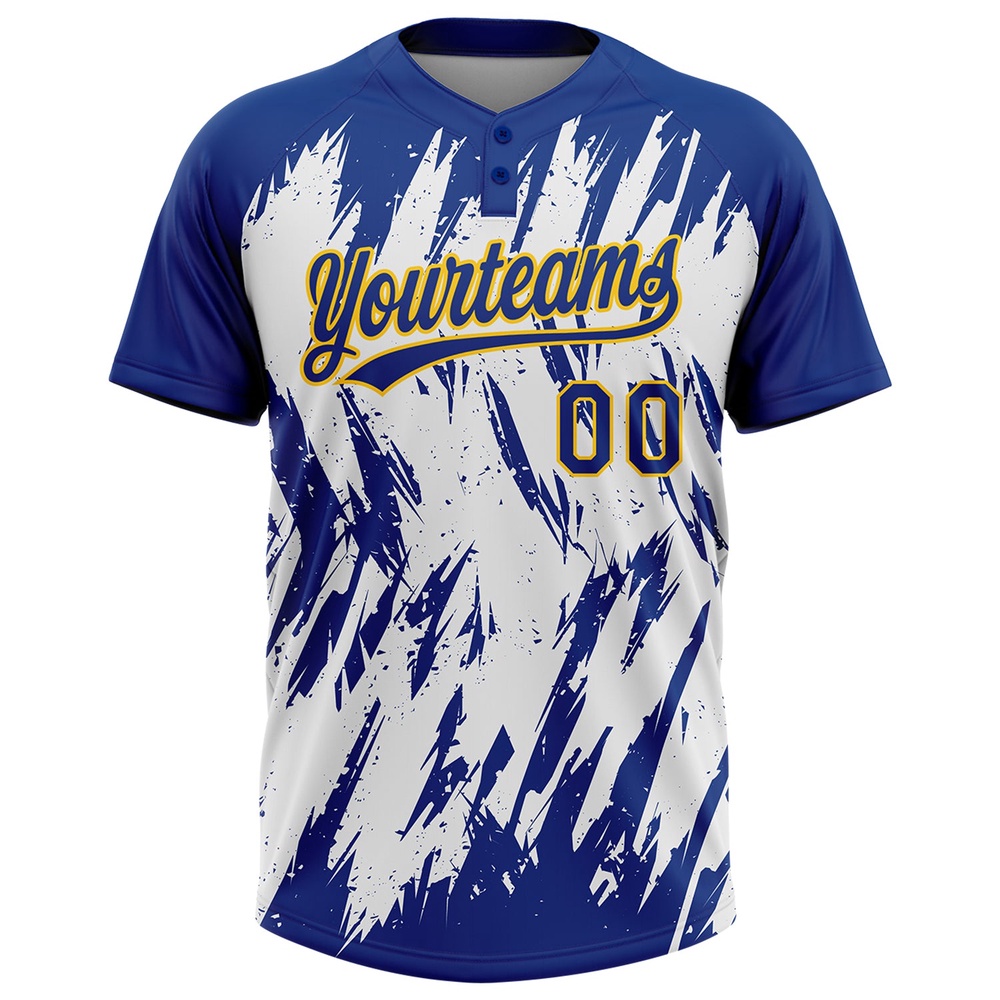 Royal Yellow White 3D Pattern Abstract Sharp Shape Two Button Unisex Softball Jersey, Custom Team Softball Jersey