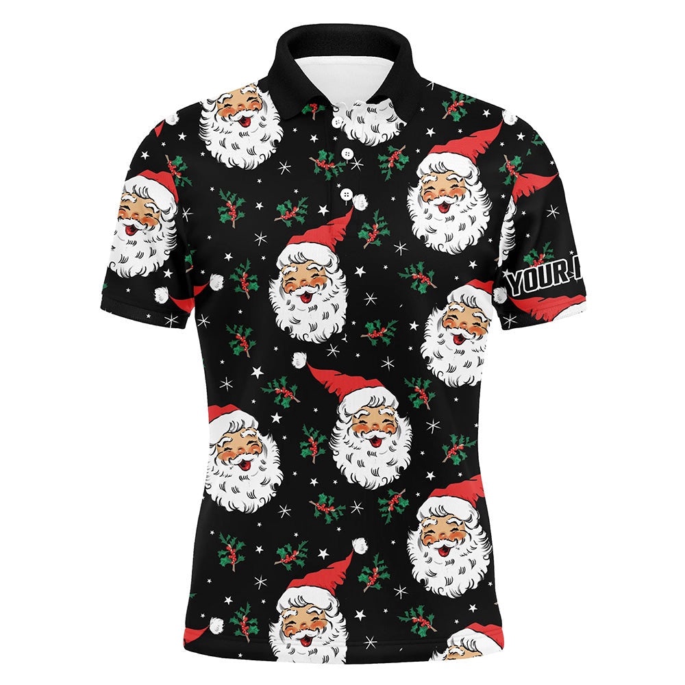 Santa Claus With Holly & Snowflakes Christmas Men Golf Polos Vintage Cute Golf Shirts For Men, Golf Polo Shirt, Golf Shirts