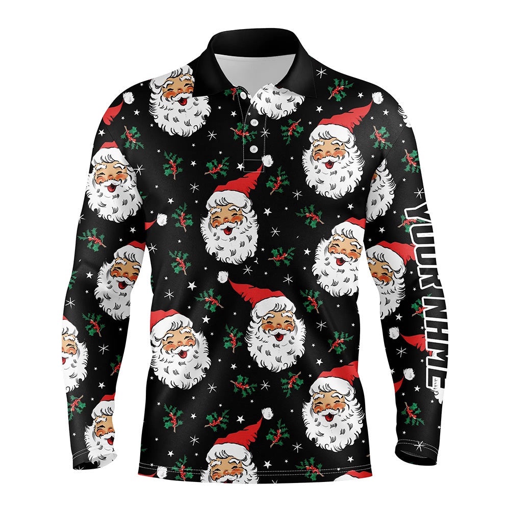 Santa Claus With Holly & Snowflakes Christmas Men Golf Polos Vintage Cute Golf Shirts For Men, Golf Polo Shirt, Golf Shirts