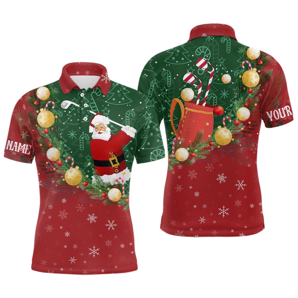 Santa Playing Golf Red Green Christmas Men’s Golf Polo Shirt Custom Golf Shirts For Men Golf Gifts, Golf Polo Shirt, Golf Shirts