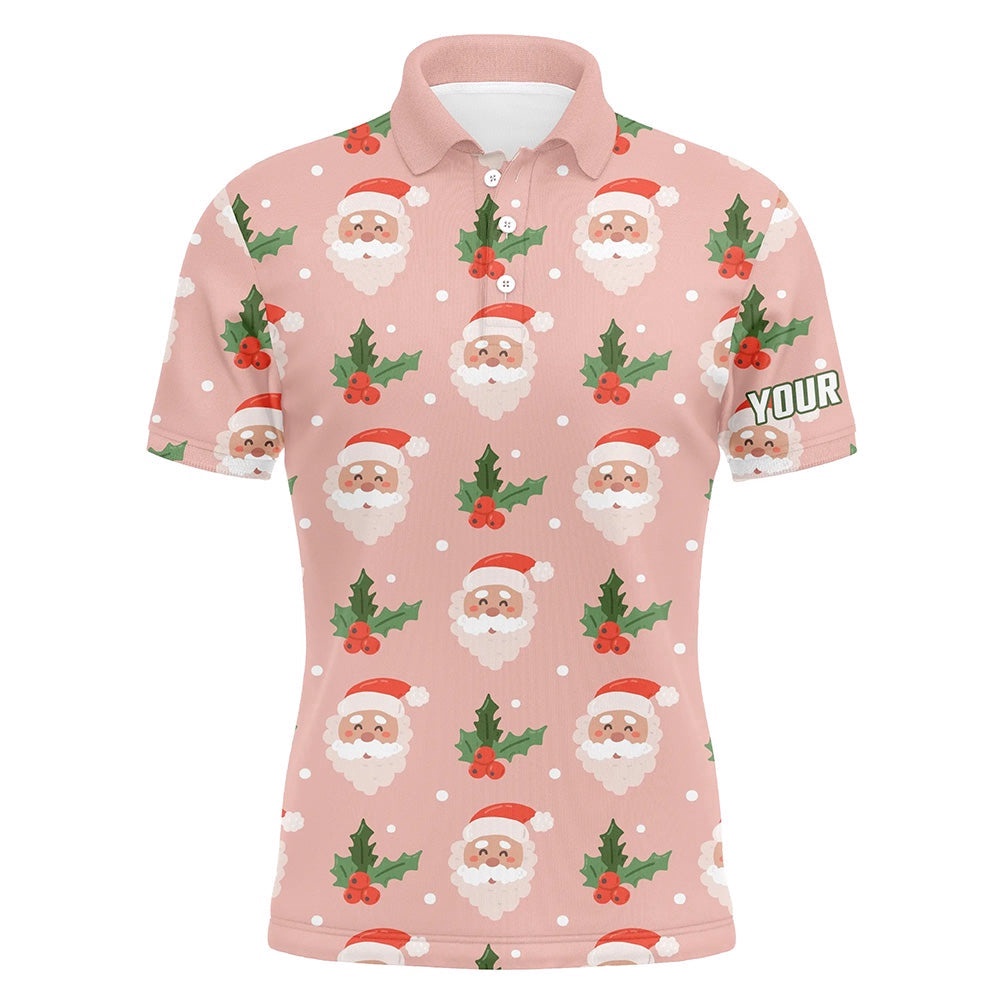 Santa With Holly On Pink Men’s Golf Polo Shirt Custom Cute Golf Shirts For Men Golf Gifts, Golf Polo Shirt, Golf Shirts