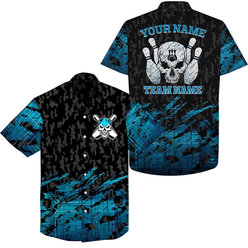 Skull Bowling Hawaiian Shirt Blue Bowling Skeleton, Custom Team Bowling Hawaiian Shirt