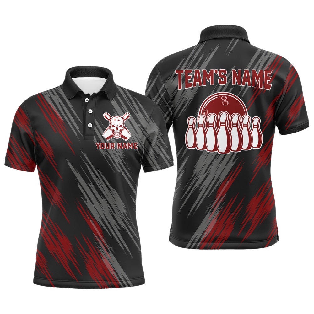 Skull Bowling Polo Shirt For Men Black&Red Bowling Polo Shirt Bowling Team Shirt, Personalized Bowling Team Shirt