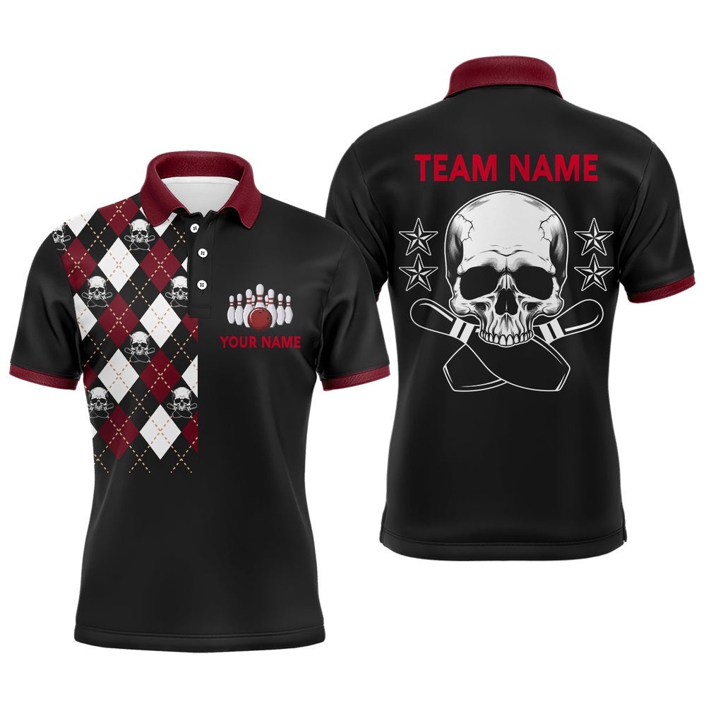 Skull Bowling Polo Shirt For Men Custom Bowling Polo Shirt With Name Black Bowling Team Shirt For Men, Personalized Bowling Team Shirt
