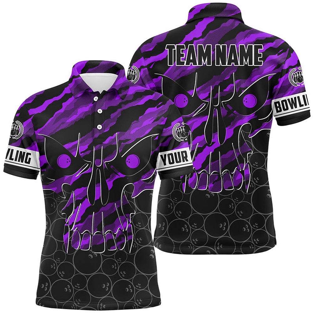 Skull Bowling Polo Shirt For Men Custom Team’S Name Purple Camo Bowler Polo Shirt, Personalized Bowling Team Shirt