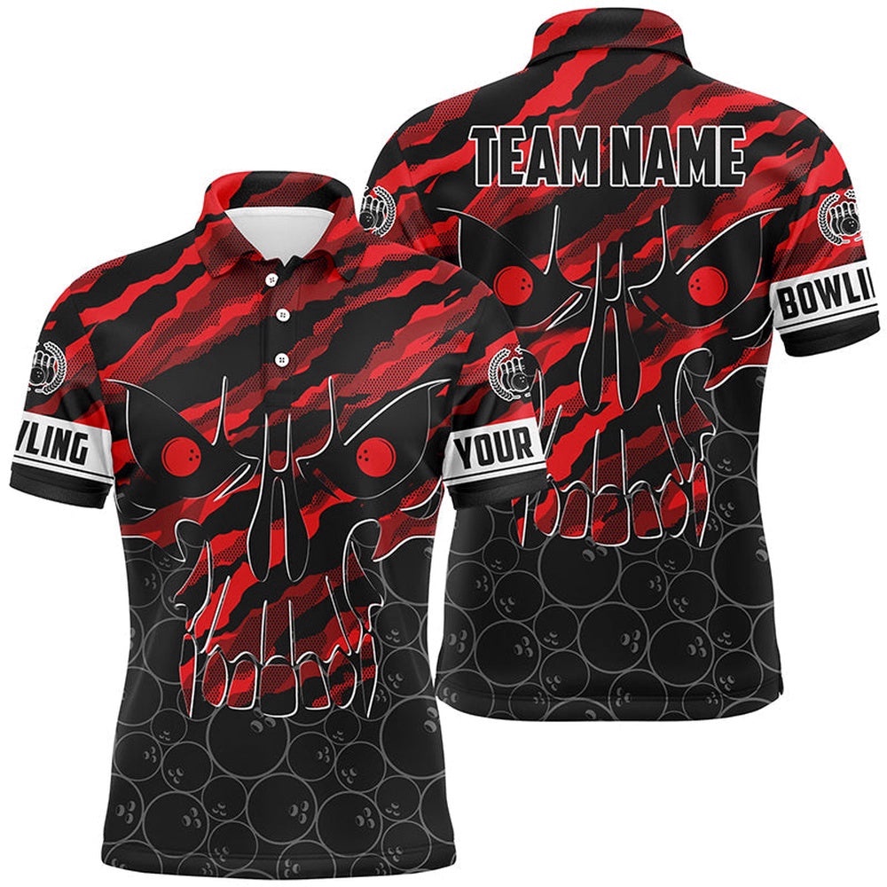 Skull Bowling Polo Shirt For Men Custom Team’S Name Red Camo Bowler Polo Shirt, Personalized Bowling Team Shirt