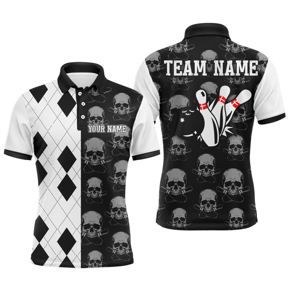 Skull Bowling Polo Shirt Team League Custom Black Bowling Shirt Men Bowling Polo Shirt, Personalized Bowling Team Shirt