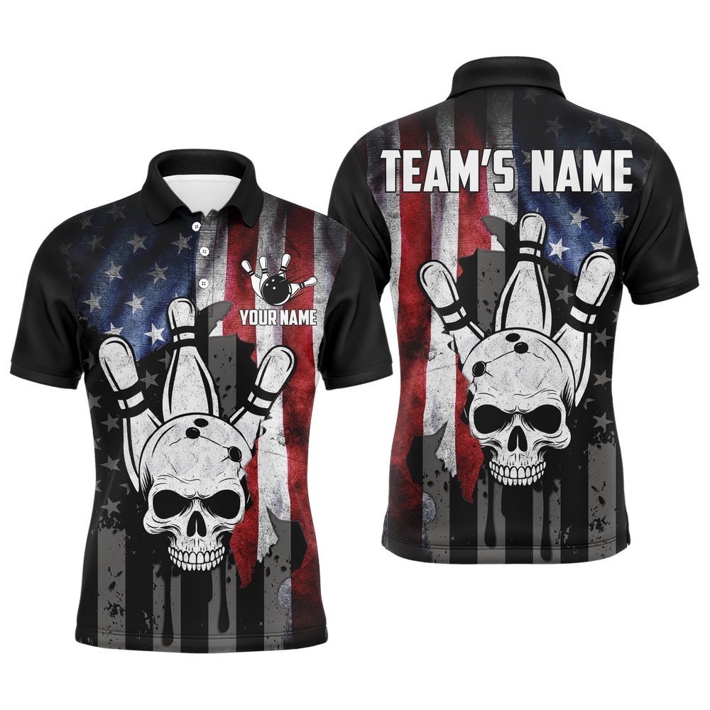 Skull Bowling Shirt For Men, Custom Team’S Name American Flag Cool Bowler Polo Shirt, Personalized Bowling Team Shirt