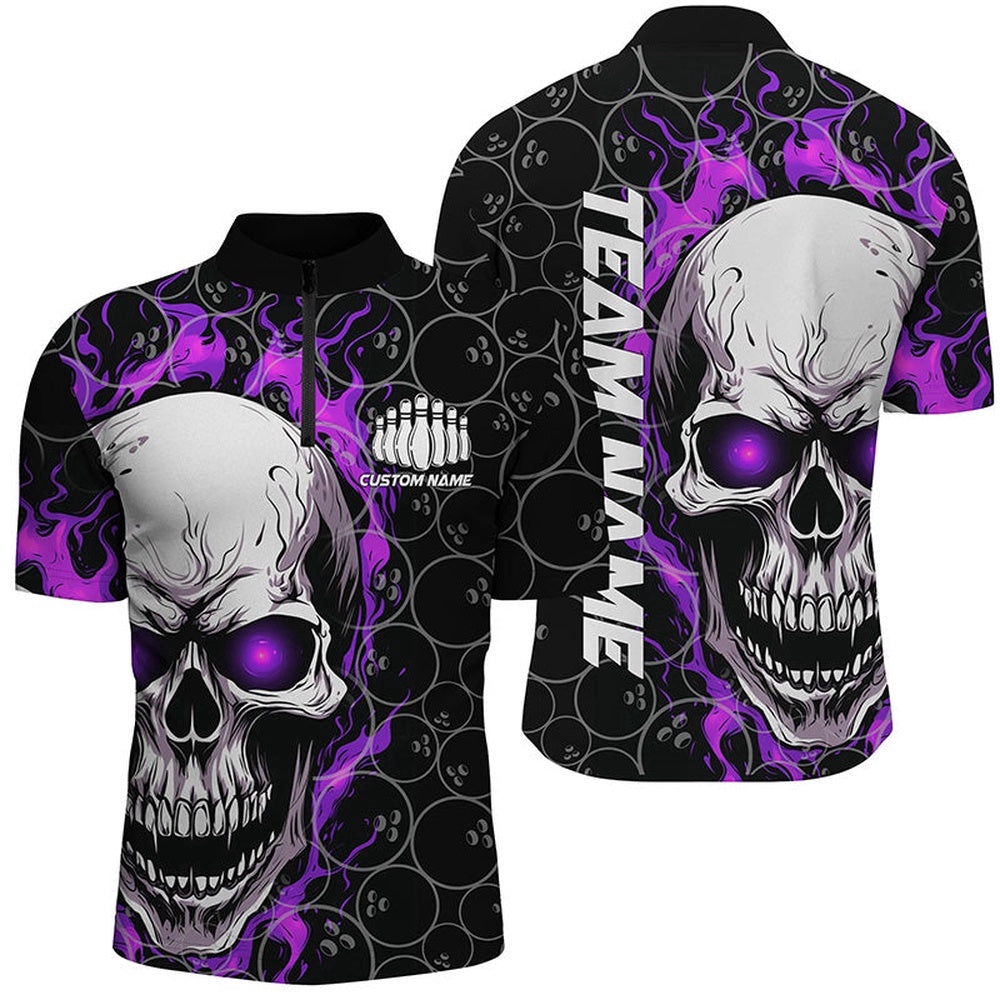 Skull Bowling Shirt For Men Team’S Name Flame Bowler Jersey Purple, Custom Bowling Team Jersey Shirt