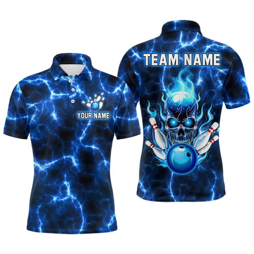 Skull Bowling Shirt For Men Women Custom Polo Bowling Team Polo Shirt Lightning Blue, Personalized Bowling Team Shirt
