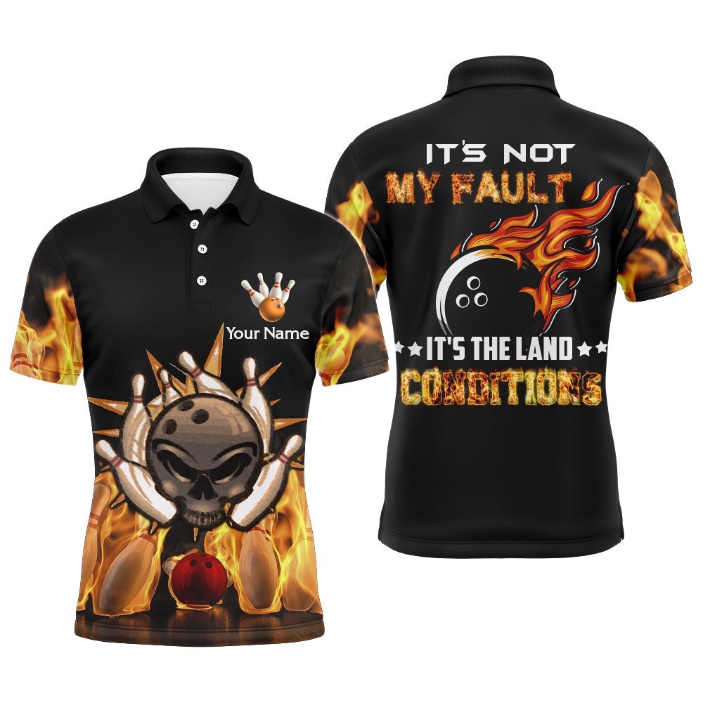 Skull Flame Polo Bowling Shirt For Men, Funny Custom Bowlers Polo Shirt Short Sleeve, Personalized Bowling Team Shirt