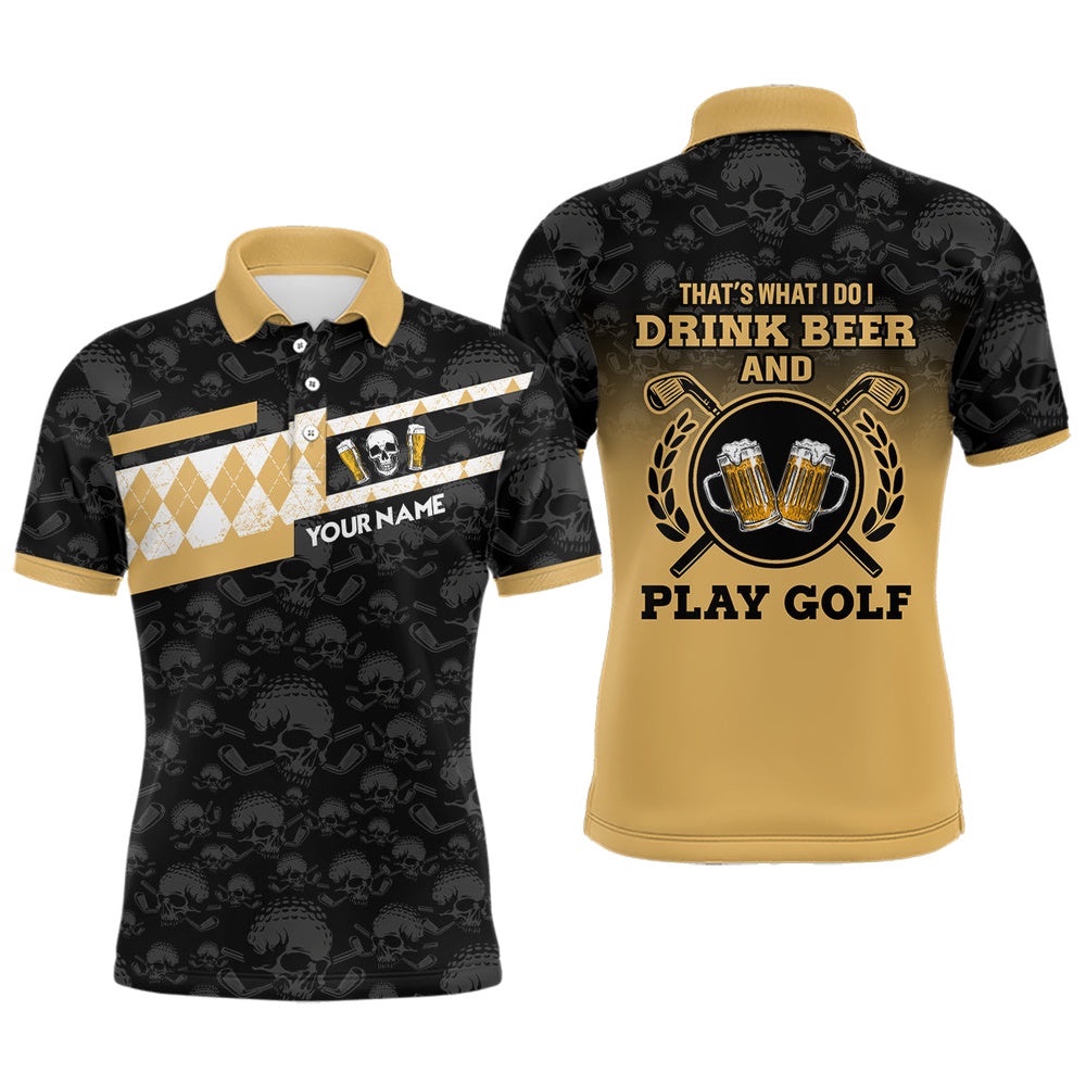Skull I Drink Beer And Play Golf Personalized Argyle Golf Polo Shirts For Men Gift For Golf Lovers, Golf Polo Shirt, Golf Shirts