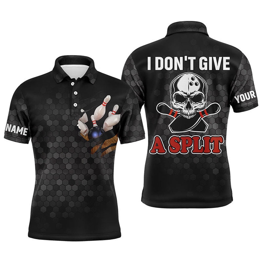 Skull Polo Bowling Shirt For Men Bowlers, Cool Bowling Polo Shirt I Don’T Give A Split, Personalized Bowling Team Shirt