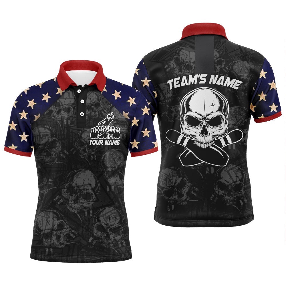 Skull Polo Bowling Shirt For Men, Patriotic Custom Name Team Bowlers Polo Shirt Short Sleeve, Personalized Bowling Team Shirt