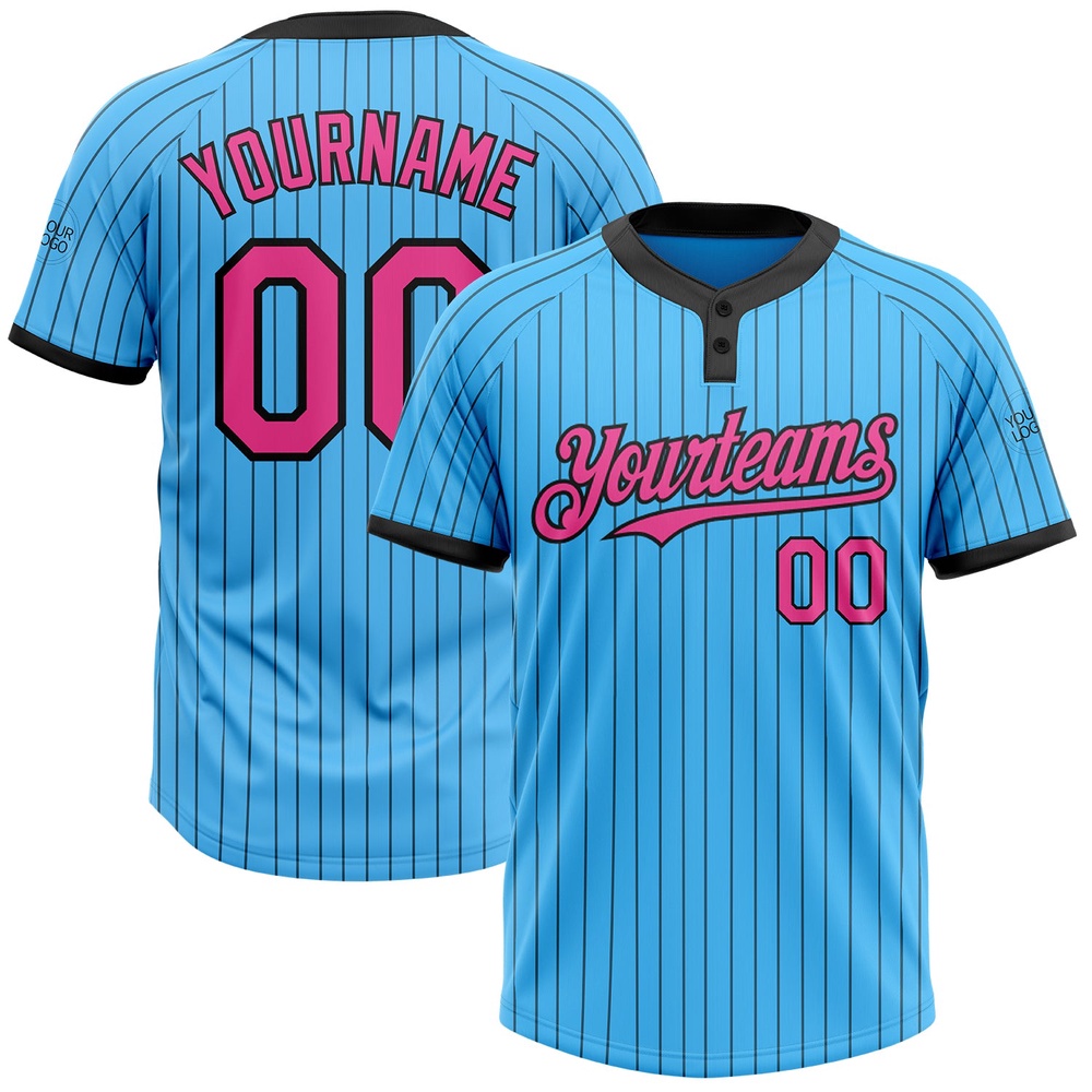 Sky Blue Black Pinstripe Pink Two Button Unisex Softball Jersey, Custom Team Softball Jersey