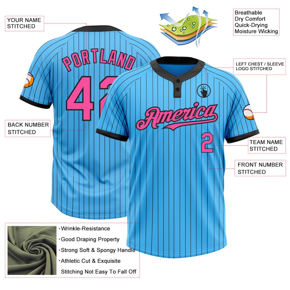 Sky Blue Black Pinstripe Pink Two Button Unisex Softball Jersey, Custom Team Softball Jersey