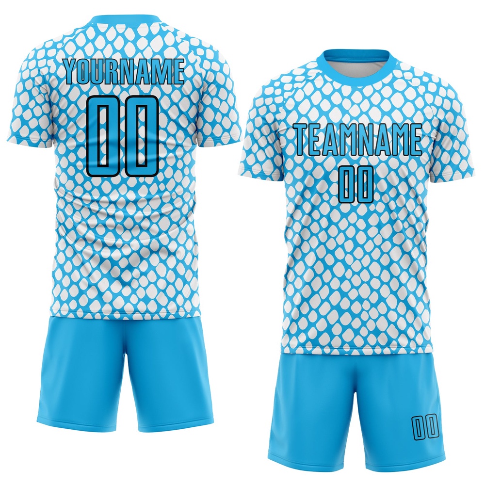 Sky Blue Black White Snake Skin Sublimation Soccer Uniform Jersey, Custom Team Soccer Jersey Shirt