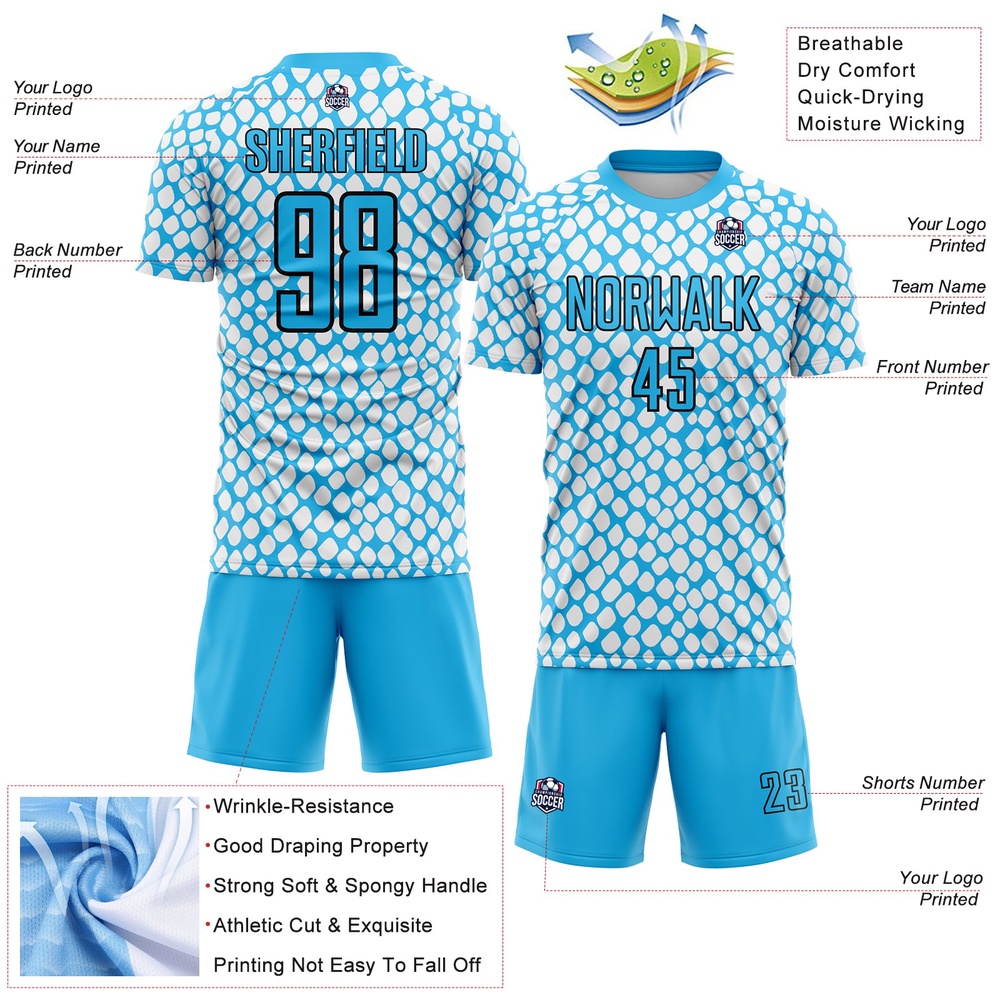 Sky Blue Black White Snake Skin Sublimation Soccer Uniform Jersey, Custom Team Soccer Jersey Shirt
