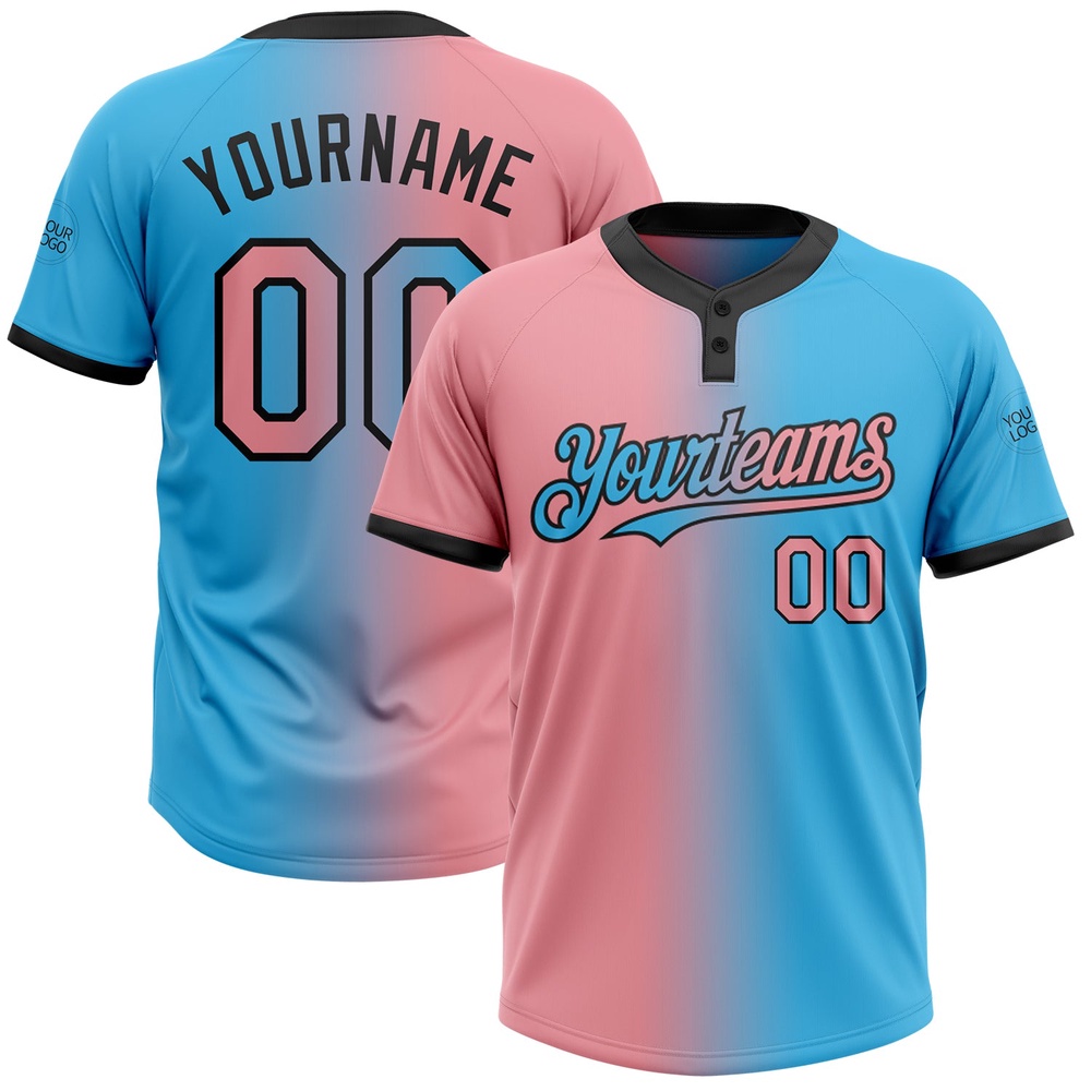 Sky Blue Medium Pink Black Gradient Fashion Two Button Unisex Softball Jersey, Custom Team Softball Jersey