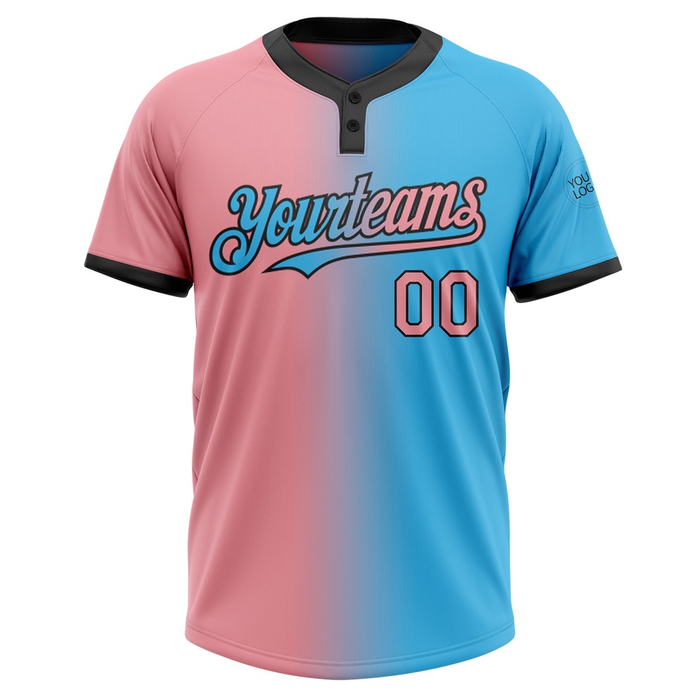 Sky Blue Medium Pink Black Gradient Fashion Two Button Unisex Softball Jersey, Custom Team Softball Jersey