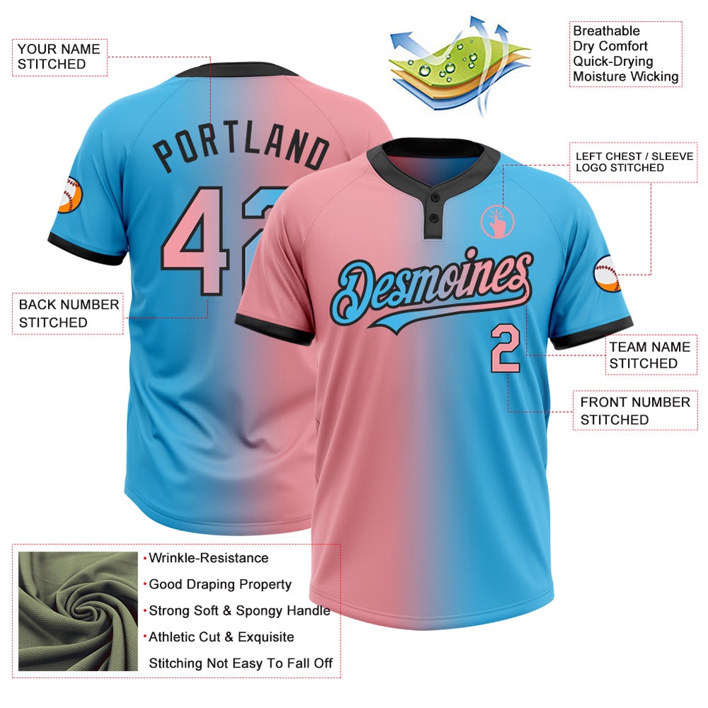 Sky Blue Medium Pink Black Gradient Fashion Two Button Unisex Softball Jersey, Custom Team Softball Jersey