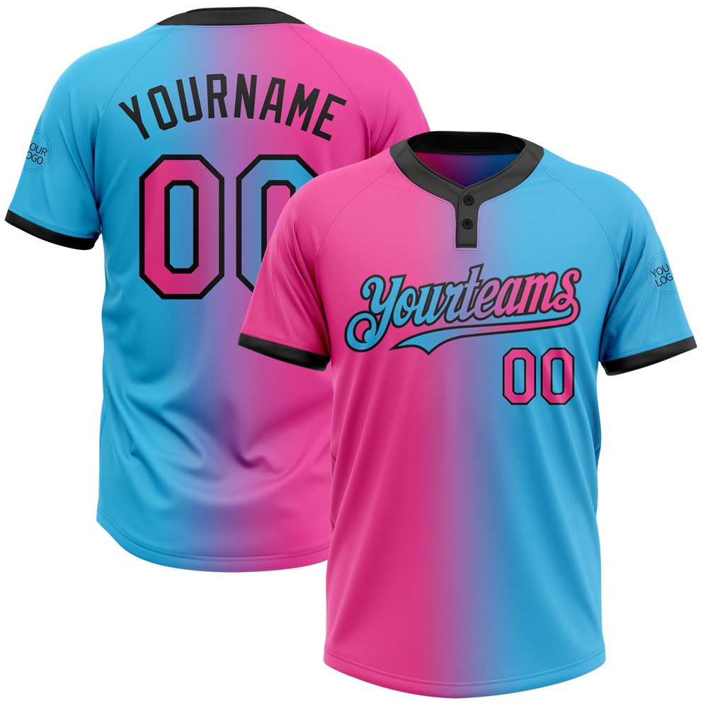 Sky Blue Pink Black Gradient Fashion Two Button Unisex Softball Jersey, Custom Team Softball Jersey