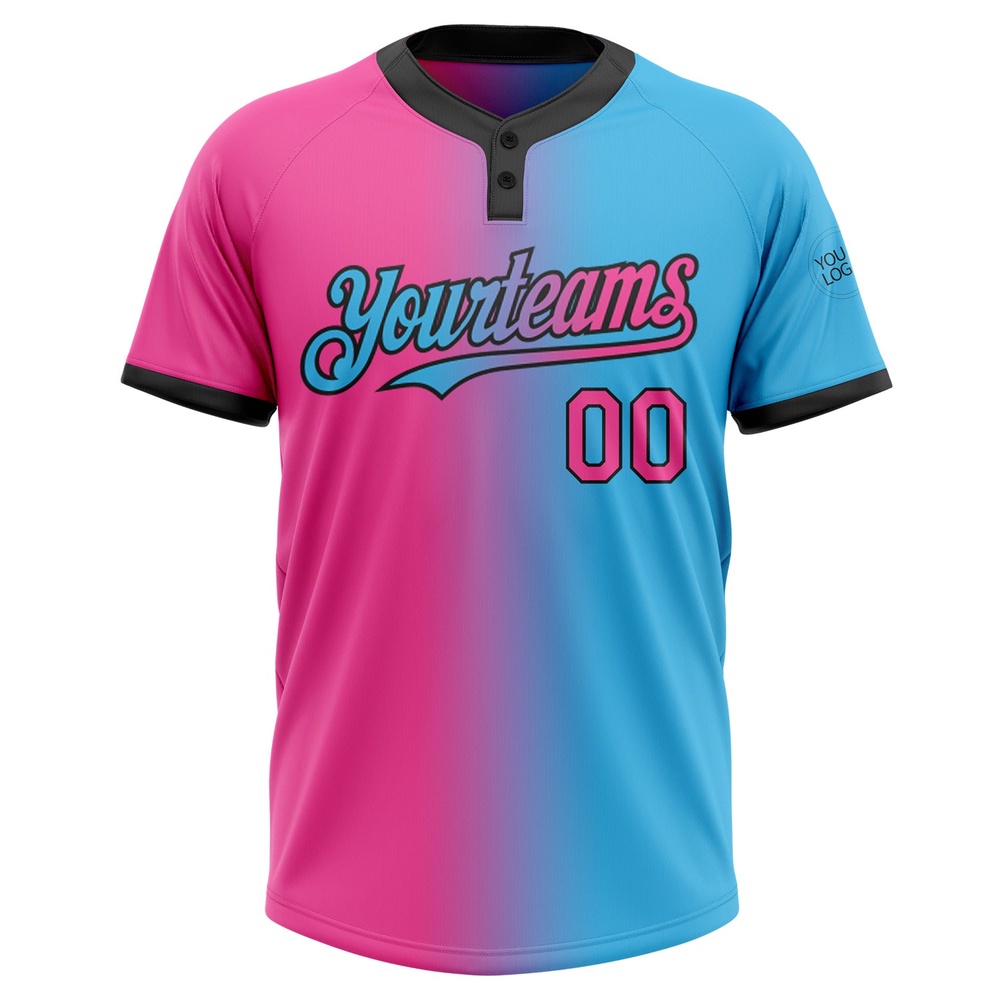 Sky Blue Pink Black Gradient Fashion Two Button Unisex Softball Jersey, Custom Team Softball Jersey