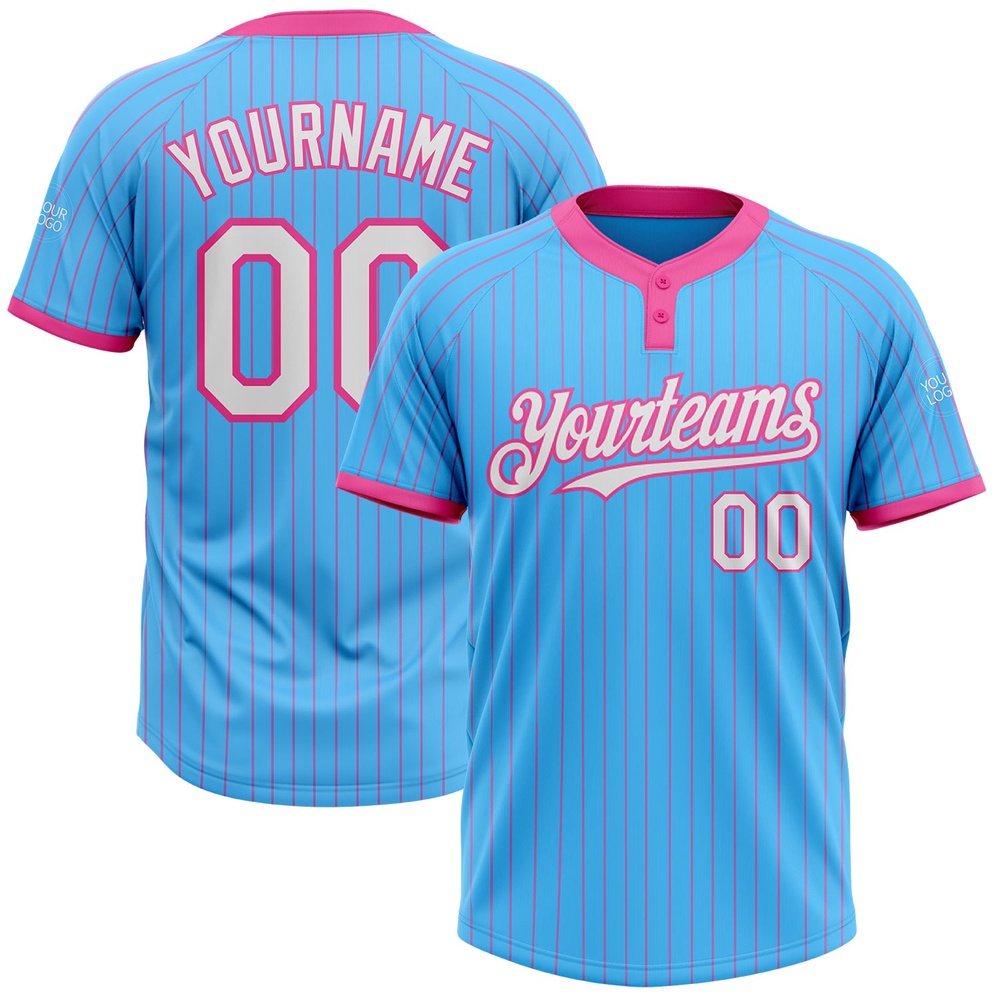 Sky Blue Pink Pinstripe White Two Button Unisex Softball Jersey, Custom Team Softball Jersey