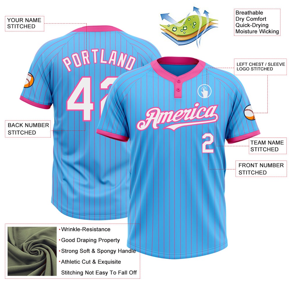 Sky Blue Pink Pinstripe White Two Button Unisex Softball Jersey, Custom Team Softball Jersey