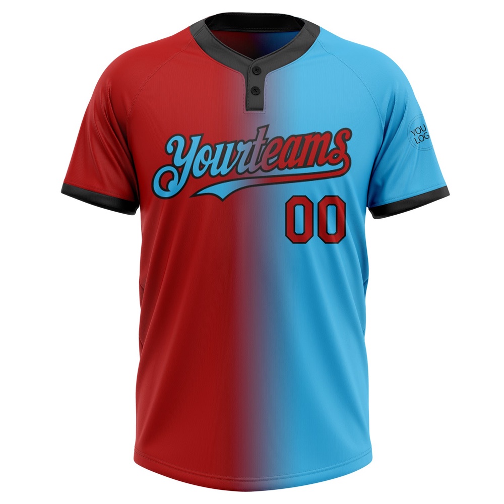Sky Blue Red Black Gradient Fashion Two Button Unisex Softball Jersey, Custom Team Softball Jersey